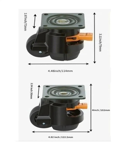 Heavy Duty Retractable Leveling Caster engineered to support 2200 lbs, showing dimensions and snap action ratchet lever.