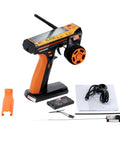 Flysky FS-GT3C RC Transmitter 2.4GHz 3CH LCD Remote Controller with FS-GR3E receiver, orange grip, and accessories.