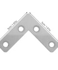 100-Piece Stainless Steel L-Shape Corner Bracket Set for 2x2 Inch Small Angle Joints, showing a single bracket with precise measurements.