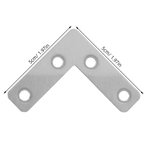 100-Piece Stainless Steel L-Shape Corner Bracket Set for 2x2 Inch Small Angle Joints, showing a single bracket with precise measurements.