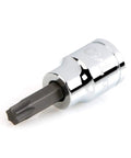 Three Eighth Inch Drive T40 Torx Bit Socket With S2 Steel Bit Press Fit For A Solid High Torque Grip Six Lobe Torx Design That Resists Camming Out Large Die Stamped Size Marking For Easy Identification on white background