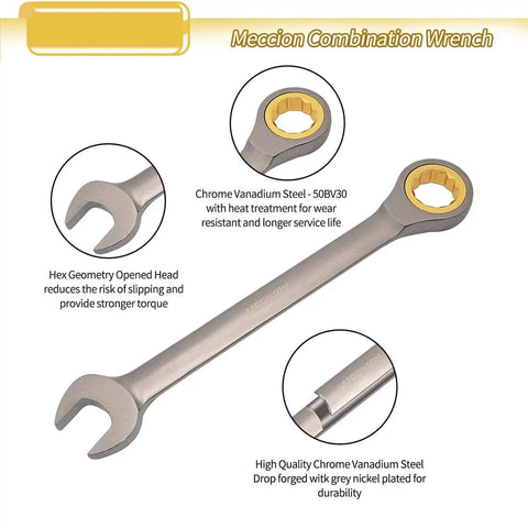 One And One Eighth Inch SAE Open End Ratcheting Wrench Built Tough With Industrial Grade Gear Spanner Chrome Vanadium Grey Nickel Plated 72 Teeth 12 Point Design Five Degree Swing For Tight Spaces