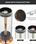 3-In-1 Spice Grinder With Hand Crank, Roller Crusher And Cone Filler showing push button mechanism and transparent chamber