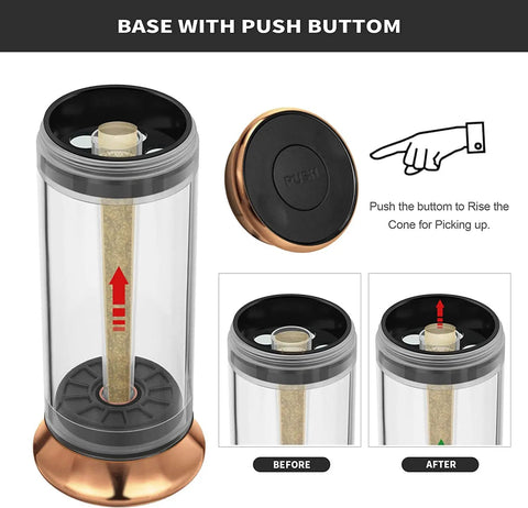 3-In-1 Spice Grinder With Hand Crank, Roller Crusher And Cone Filler showing push button mechanism and transparent chamber