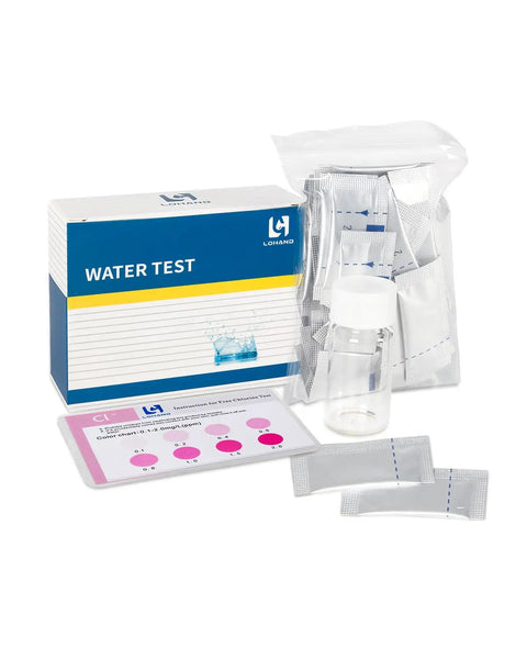 Top Tier Free Chlorine Test Kit Boasting Fifty Rapid Action Tabs And Dead Easy Color Chart for water testing, includes sample vial and tabs.
