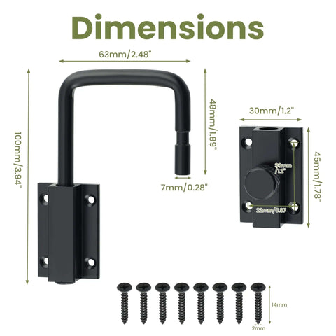 4 Inch U Bolt Door Loop Lock Heavy Duty Security Latch Black Anti Theft Privacy Bolt with dimensions and screws.