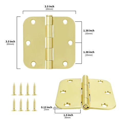 24 Pack Polished Brass Door Hinges For Interior Doors, Three And A Half Inch Square, Five Eighths Radius Corners, with screws