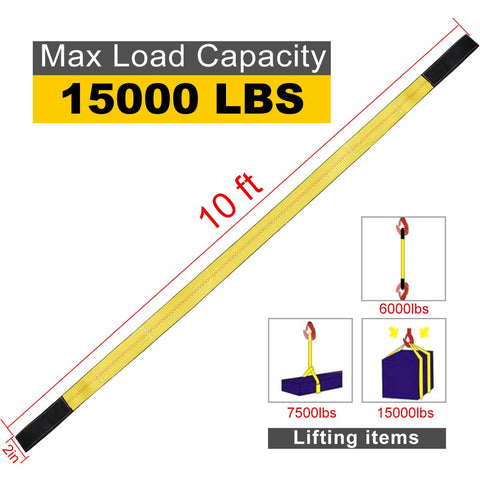 Heavy Duty Lift Sling Straps 10 Ft By 2 In Web Slings With 15,000 Lb Basket Capacity 2 Pack Tree Saver Recovery Winch Strap Yellow Made From Industry Grade Polyester With UV Resistant Material And Low Stretch shown with load capacity diagram
