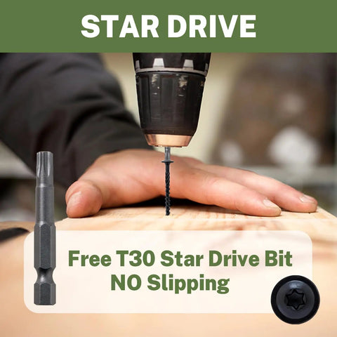 Drilling with Beefy 3 Inch Lag Screws For Exterior Wood Construction Size 14, Washer Head, Black Coated, Star Drive Bit Included