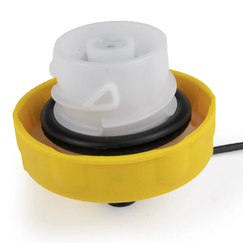Close-up of E85 Gas Cap Replacement fits Jeep Chrysler Dodge and Ram vehicles, showing yellow cap design and sealing ring
