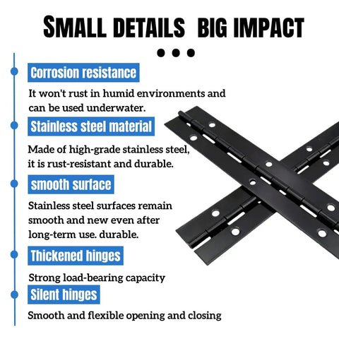 Rugged Black Stainless Steel Piano Hinges Six Inch Continuous Door Strips With Pre Drilled Mounting Slots For Rock Solid Cabinet Upgrades And Easy Diy Builds Including Twenty Four Heavy Duty Screws For Hassle Free Quick Installations features corrosion resistance and thickened hinges.