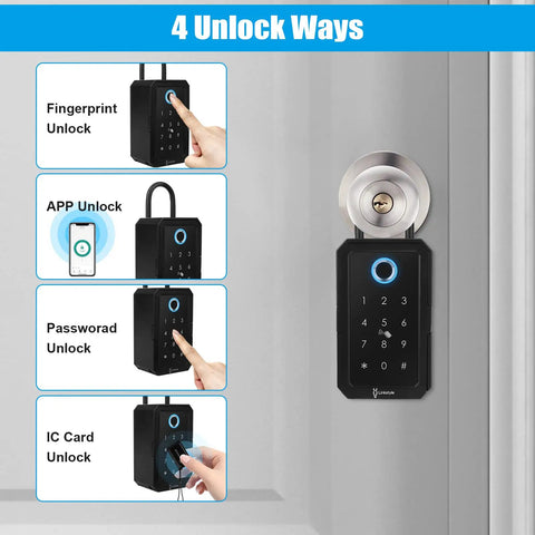 Matrix Key Lock Box With Wireless Hub And Bluetooth Access For Outdoor Use showing 4 unlock ways on a door.