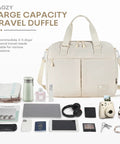 Underseat Personal Item Travel Bag For Airplanes Lightweight Weekender Duffle With A 15.6 Inch Laptop Compartment Carry On Beige with accessories displayed