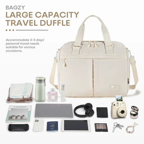 Underseat Personal Item Travel Bag For Airplanes Lightweight Weekender Duffle With A 15.6 Inch Laptop Compartment Carry On Beige with accessories displayed