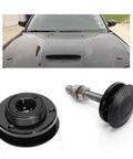 2 Pack Quick Release Hood Pin Kit Universal Fit 2.44 Inch Diameter Aluminum Alloy And Stainless Steel Latch Push Button Lock Clips For Auto Cars Black Pro, showing components and installed on car hood.