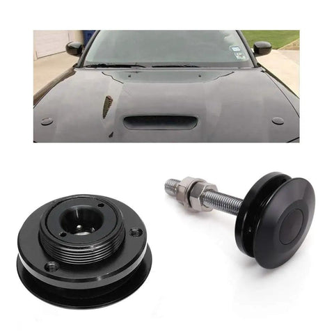 2 Pack Quick Release Hood Pin Kit Universal Fit 2.44 Inch Diameter Aluminum Alloy And Stainless Steel Latch Push Button Lock Clips For Auto Cars Black Pro, showing components and installed on car hood.