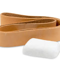Top Shelf 1X18 Leather Honing Strop Belt For Knifemakers Comes Loaded With White Buffing Compound, showcasing leather and polishing compound.