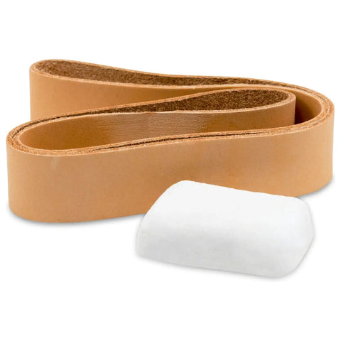 Top Shelf 1X18 Leather Honing Strop Belt For Knifemakers Comes Loaded With White Buffing Compound, showcasing leather and polishing compound.