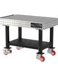 Real Deal Heavy Duty Welding Fixture Table 48x30 Inch Garage Rig With Tough Laser Cut Grid Holes Smooth Rolling Locking Casters And Quick Snap Handle Silver Usa Made with wheels and steel frame.