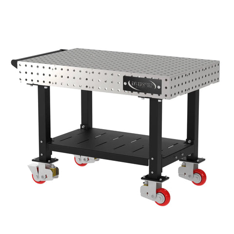 Real Deal Heavy Duty Welding Fixture Table 48x30 Inch Garage Rig With Tough Laser Cut Grid Holes Smooth Rolling Locking Casters And Quick Snap Handle Silver Usa Made with wheels and steel frame.
