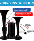 Wiring instructions for Heavy Duty 12 Volt Dual Trumpet Electric Air Horn With Turbo Compressor, showing connections for setup.