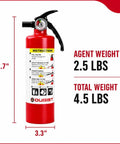 Heavy Duty ABC Fire Extinguisher Squad, Foolproof Dry Chemical Safety Gear, Pro Grade 2.5 Pound Rechargeable Cans shown with instructions and measurements.