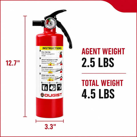 Tough As Nails Dry Chemical Fire Extinguisher, 2.5 Lb Capacity With Class 1A 10B C Rating, 12.7" tall, 4.5 lbs total weight.