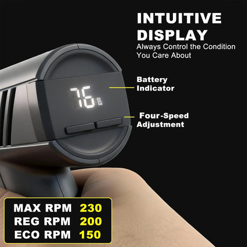 Cordless cutting tool, front view in silver with LED display, battery indicator and four-speed control.