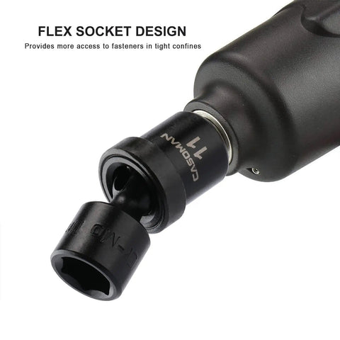 Close-up of One Quarter Inch Drive Shallow Universal Impact Socket Set 12 Piece Metric 5mm to 15mm Six Point Cr Mo Steel Swivel Socket