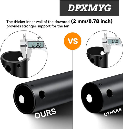 Built Tough 12 Inch Threaded Ceiling Fan Downrod In Matte Black comparison showing thicker inner wall for stronger support.