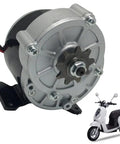 24V 350W Geared Electric Motor MY1016Z3 with 9 Tooth Sprocket for E Scooter, front view, showing durable build and sprocket.