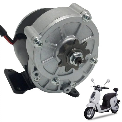 24V 350W Geared Electric Motor MY1016Z3 with 9 Tooth Sprocket for E Scooter, front view, showing durable build and sprocket.