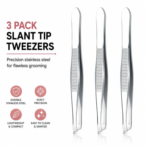 Precision Slant Tip Tweezers Set 3 Pack Stainless Steel Eyebrow Tweezers For Facial Hair Ingrown Hair And Fine Hair Removal Professional Beauty Grooming Tool With Easy Grip, 3 silver tweezers
