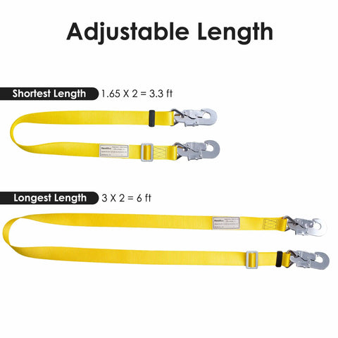 Hunting Safety Belt With Adjustable Lanyard For Tree Climbing And Deer Stand Setup, showing adjustable lengths 3.3 ft to 6 ft.