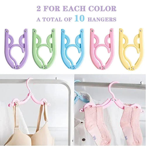 10 Pack Travel Hangers for Cruises and Trips, Portable Folding Clothes Hangers in various colors, hanging socks and bra