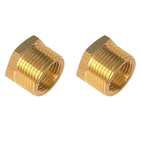 Two brass 3/4 in to 1/2 in NPT reducer hex bushings; male 3/4 NPT to female 1/2 NPT
