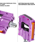 Foldable Bike Pedals Aluminum Alloy 9 Sixteenth Inch With Reflective Strips Non Slip Wide Flat Pedals Purple Close-up