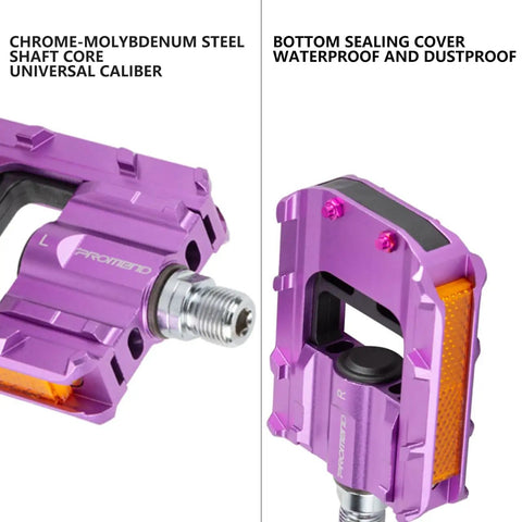 Foldable Bike Pedals Aluminum Alloy 9 Sixteenth Inch With Reflective Strips Non Slip Wide Flat Pedals Purple Close-up