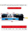 6-inch DPV dual opening pneumatic hydraulic vise with 125mm maximum jaw opening for industrial use.