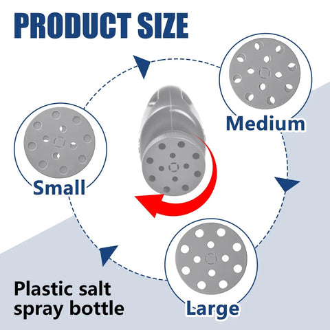 Adjustable Handheld Seed Shaker And Spreader For Fertilizer Grass Seed Ice Melt And Lawn Care Premium Durable Portable All Season Spreader In Gray showing three adjustable spray sizes: small, medium, large.