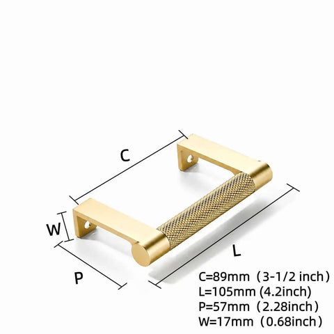 10 Pack 3-1/2 Inch Knurled Finger Edge Drawer Pulls in Diamond Gold Oxidation Finish, shown with dimensions and sleek design.