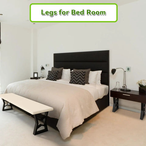 Bedroom with bench using Black Metal Table Legs Set 28 Inch High By 24 Inch Wide, Two Tier DIY Desk Support, H Shape Design, Heavy Duty Steel
