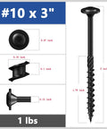 #10 x 3 Inch Structural Wood Screws Heavy Duty Lag Fasteners Washer Head Black Coated Rust Resistant Exterior Hardware dimensions.