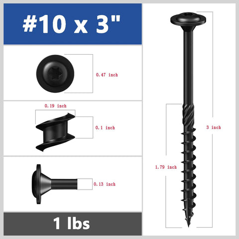 #10 x 3 Inch Structural Wood Screws Heavy Duty Lag Fasteners Washer Head Black Coated Rust Resistant Exterior Hardware dimensions.