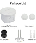 Heavy Duty Waterproof Junction Box IP55 Dustproof Abs Plastic Electrical Enclosure For Outdoor Wiring Projects Built Like A Tank With No Sweat Sealing In White 7.9 X 3.9 X 2.8 Inches package components including junction box and accessories.