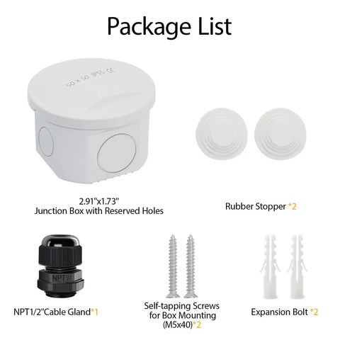 Heavy Duty Waterproof Junction Box IP55 Dustproof Abs Plastic Electrical Enclosure For Outdoor Wiring Projects Built Like A Tank With No Sweat Sealing In White 7.9 X 3.9 X 2.8 Inches package components including junction box and accessories.