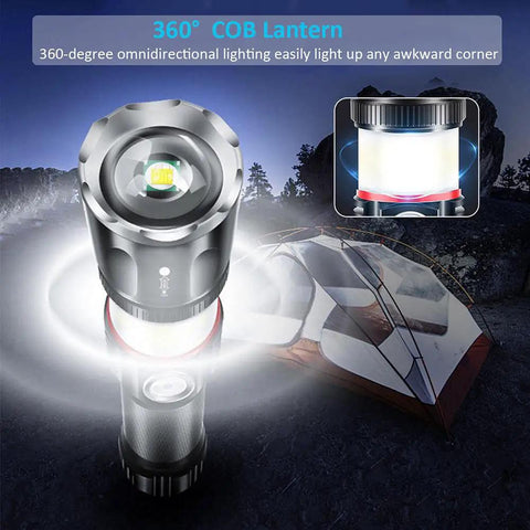 Magnetic LED Flashlight 360 COB Beast 5000 Lumen Waterproof Zoomable 4 Modes illuminating a campsite at night