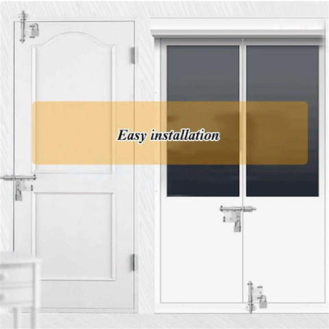 Top Tier Sliding Bolt Door Latch With Mounting Screws shown on white doors highlighting easy installation and security features.