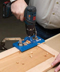 KHI Hinge Concealed Jig and KHC Premium Face Clamp Set in use on wooden cabinet for hidden joints and precise clamping