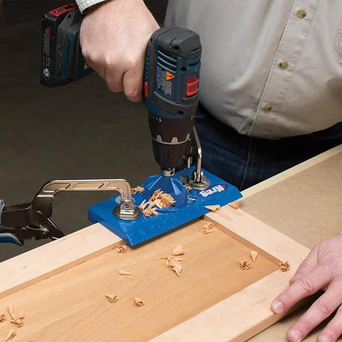 KHI Hinge Concealed Jig and KHC Premium Face Clamp Set in use on wooden cabinet for hidden joints and precise clamping
